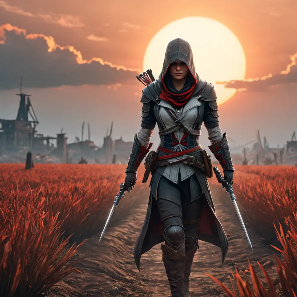 Female assassin creed emerging from a batte field. Sky is colored by a red sun set., Dystopian, Trending on Artstation, Volumetric Lighting