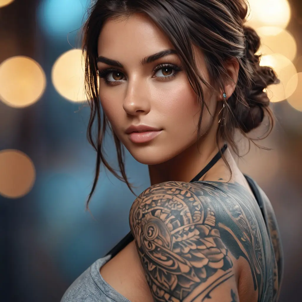 A half body portrait of a beautiful Kassandra with tattoos, Alluring, Half Body, Bokeh effect, Photo Realistic, Sharp Focus, Volumetric Lighting