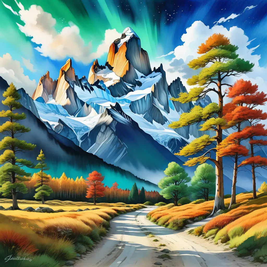 painting of evening sky, low thunder clouds foothpath with trees at indian summer with zugspitze fitz roy in background, colours green, red, blue black and white, acuarela, Highly Detailed, Beautiful, Digital Painting, Anime, Fantasy by Studio Ghibli