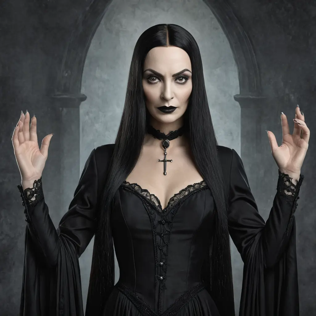 American Gothic Morticia Addams, Gothic and Fantasy, Half Body, Portrait, Threatening