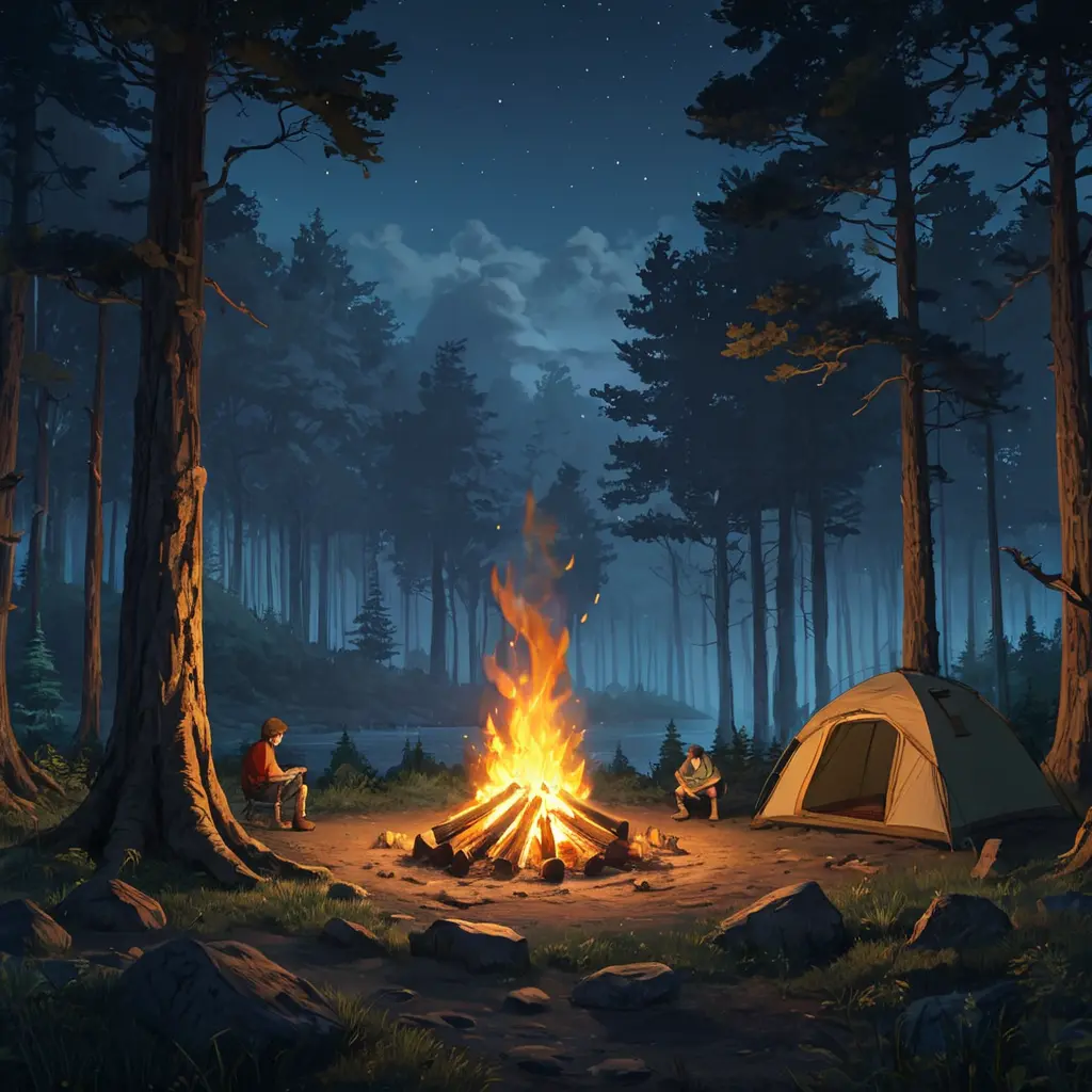 matte painting of a camp fire in the forest at night, Highly Detailed, Beautiful, Digital Painting, Anime, Fantasy by Studio Ghibli