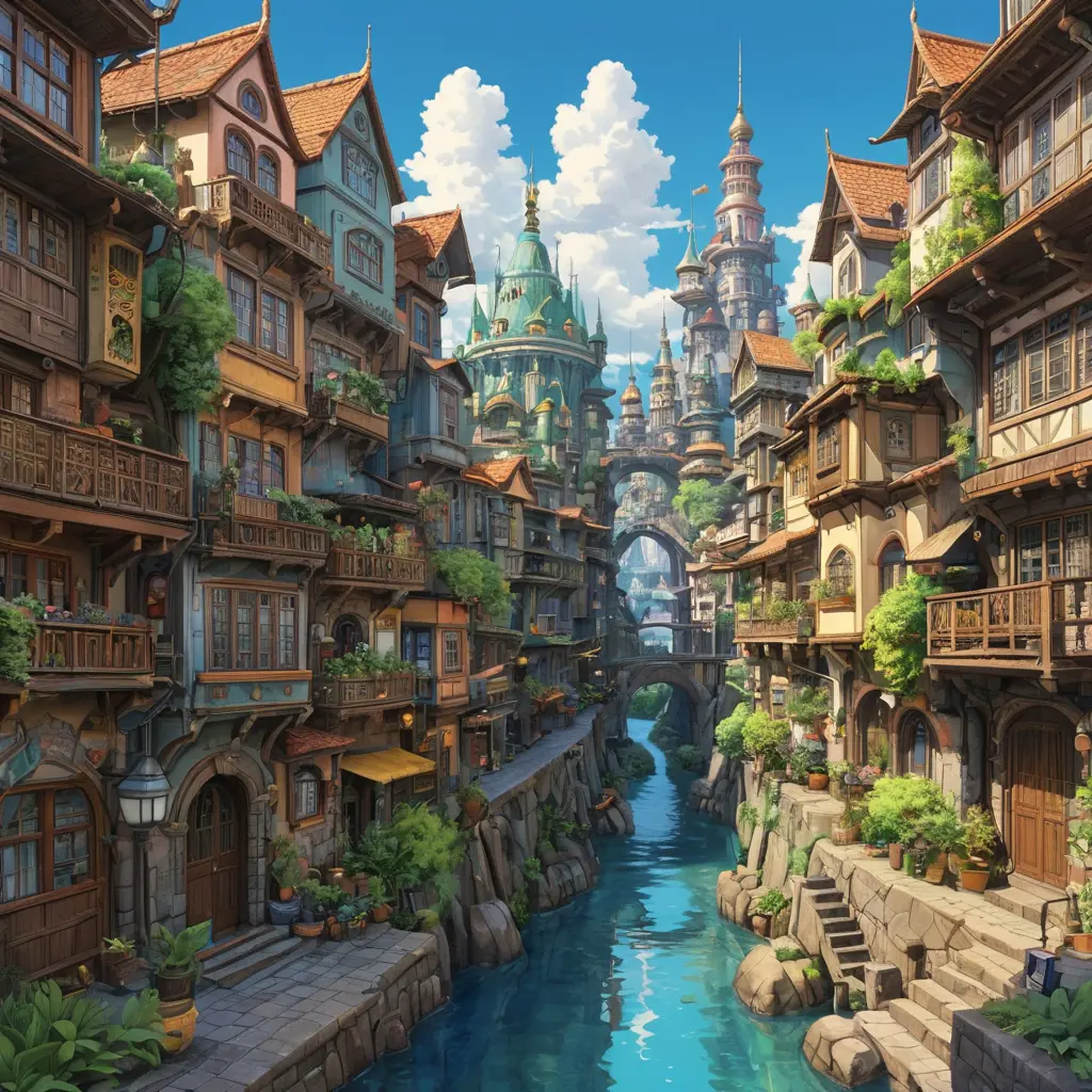 Buildings and homes of a maximalism fantasy city, Highly Detailed, Beautiful, Digital Painting, Anime, Fantasy by Studio Ghibli