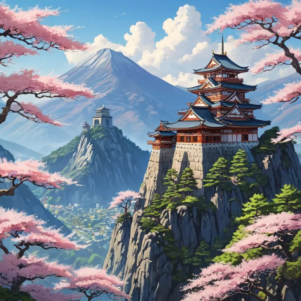 Landscape of a large japanese castle in the tall mountains, with matsu pine trees, with sakura cherry trees, Highly Detailed, Beautiful, Digital Painting, Anime, Fantasy by Studio Ghibli