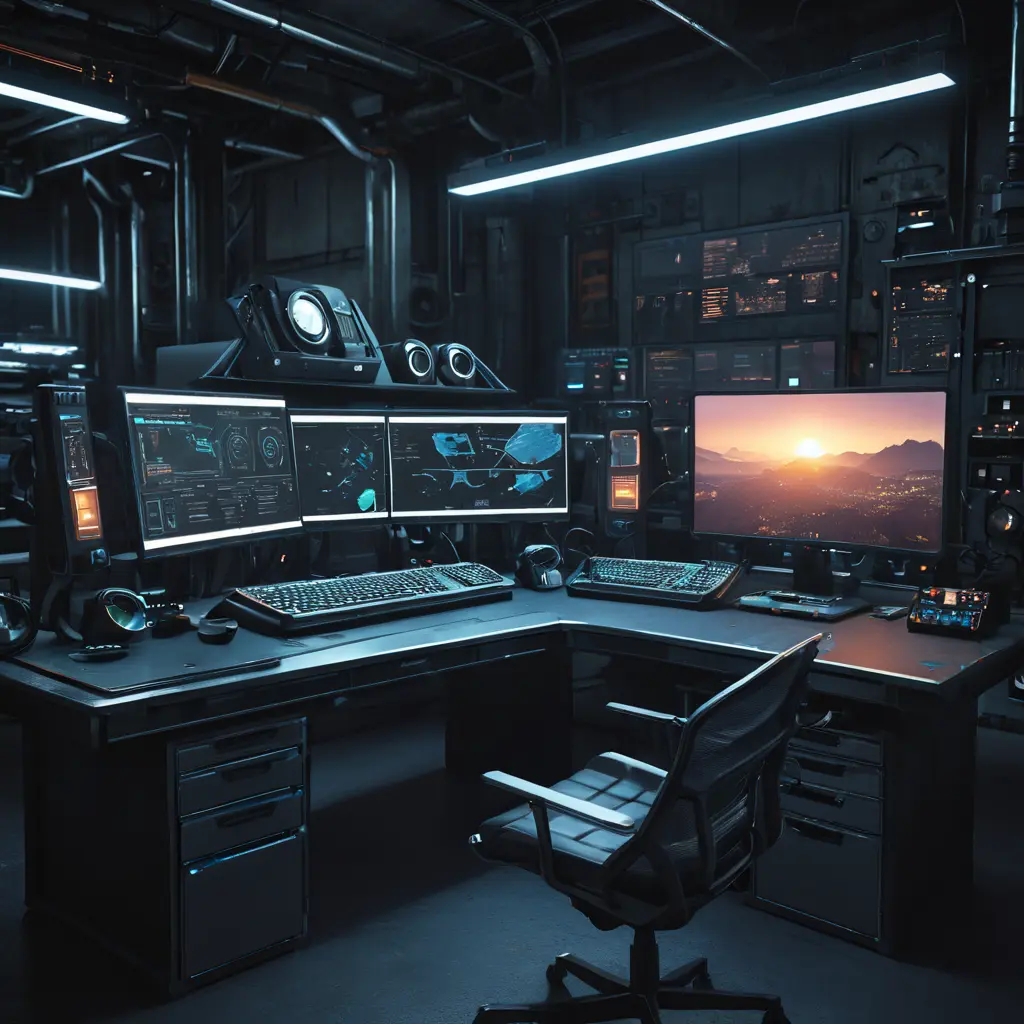 A dark industrial desk from the future with many monitors, Photo Realistic, Volumetric light effect, Octane Render, Unreal Engine, Ambient Occlusion, Maximalism, Industrial by Beeple