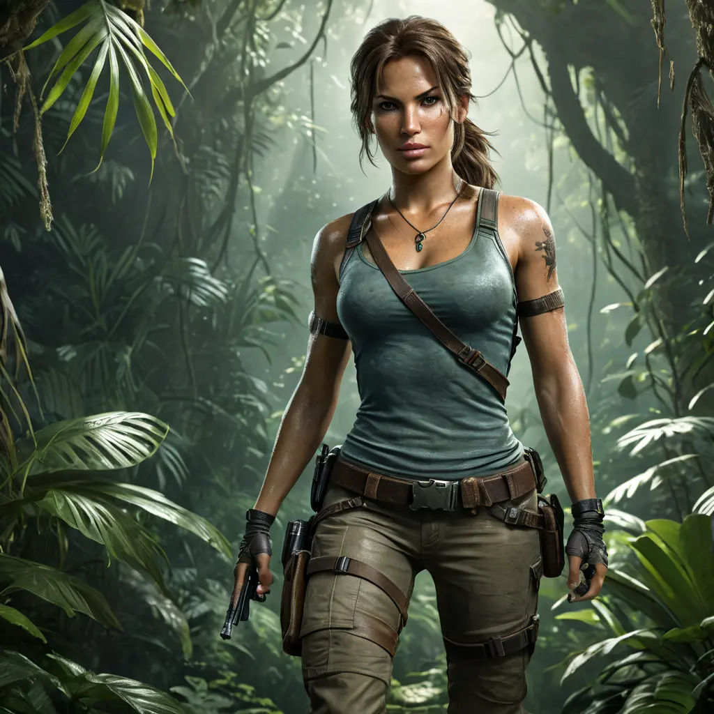 Full body portrait of a beautiful armed Lara Croft emerging from the jungle, Highly Detailed, Intricate, Sharp Focus, Volumetric Lighting, Fantasy, Elegant, Threatening by Greg Rutkowski