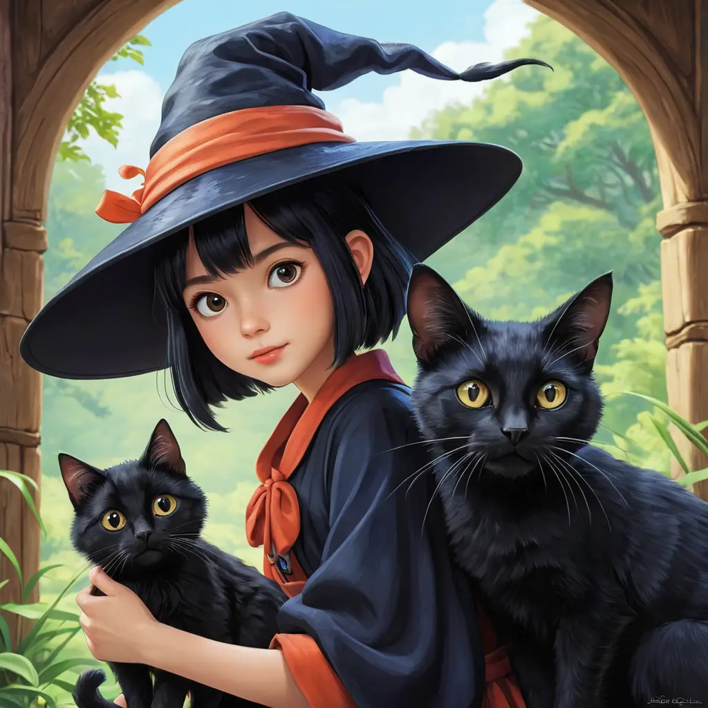 Kiki the witch and Jiji the cat, Highly Detailed, Beautiful, Digital Painting, Anime, Fantasy by Studio Ghibli