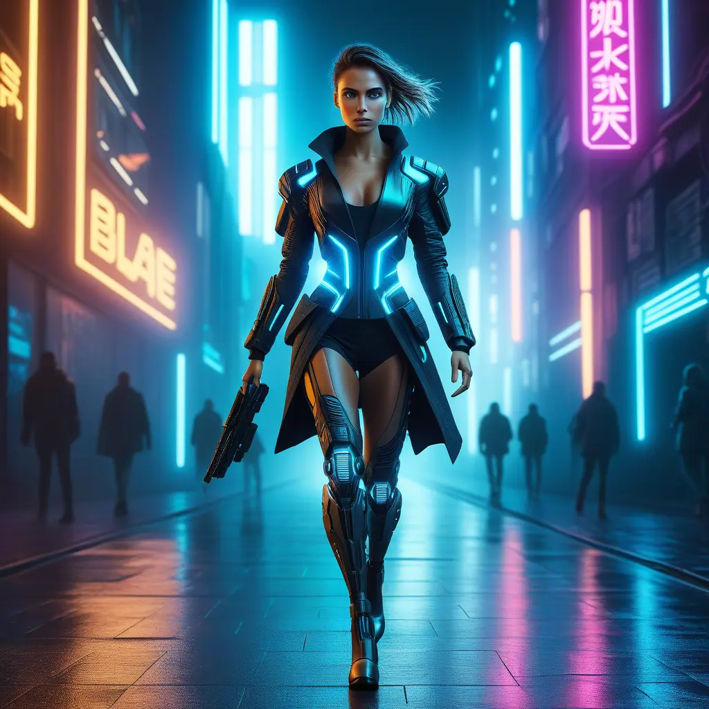 full body shot, armed beautiful woman walking with detailed eyes, dynamic pose, athletic, Cybernatic and Sci-Fi, Cyberpunk, Cityscape, Blade Runner 2049, Neon light effect, Neon, Futurism, Threatening by Stefan Kostic