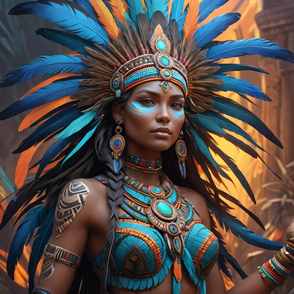 Visionary painting of a mystical tribal goddess surrounded by vibrant feathers, 8k, Highly Detailed, Intricate, Artstation, Matte Painting, Sharp Focus, Volumetric Lighting, Concept Art by Stanley Artgerm Lau, Greg Rutkowski