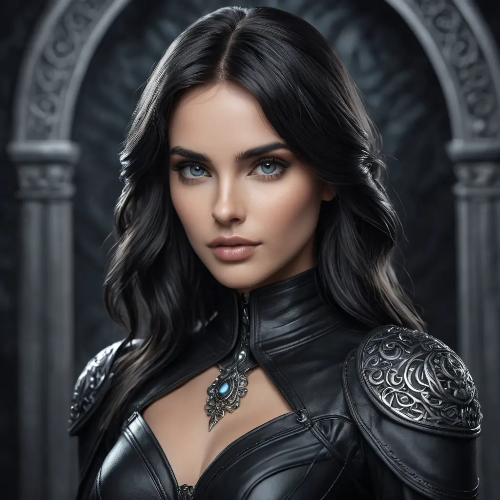 Alluring matte portrait of the beautiful goddess Selene in black leather, Highly Detailed, Intricate, Realistic, Sharp Focus, Volumetric Lighting, Fantasy, Elegant