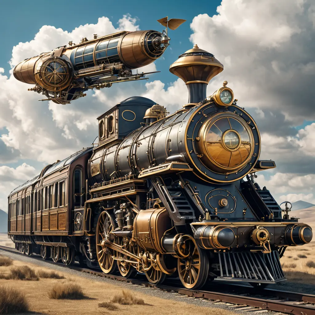 A futuristic hybrid of a steam engine train and a DaVinci flying machine, Steampunk