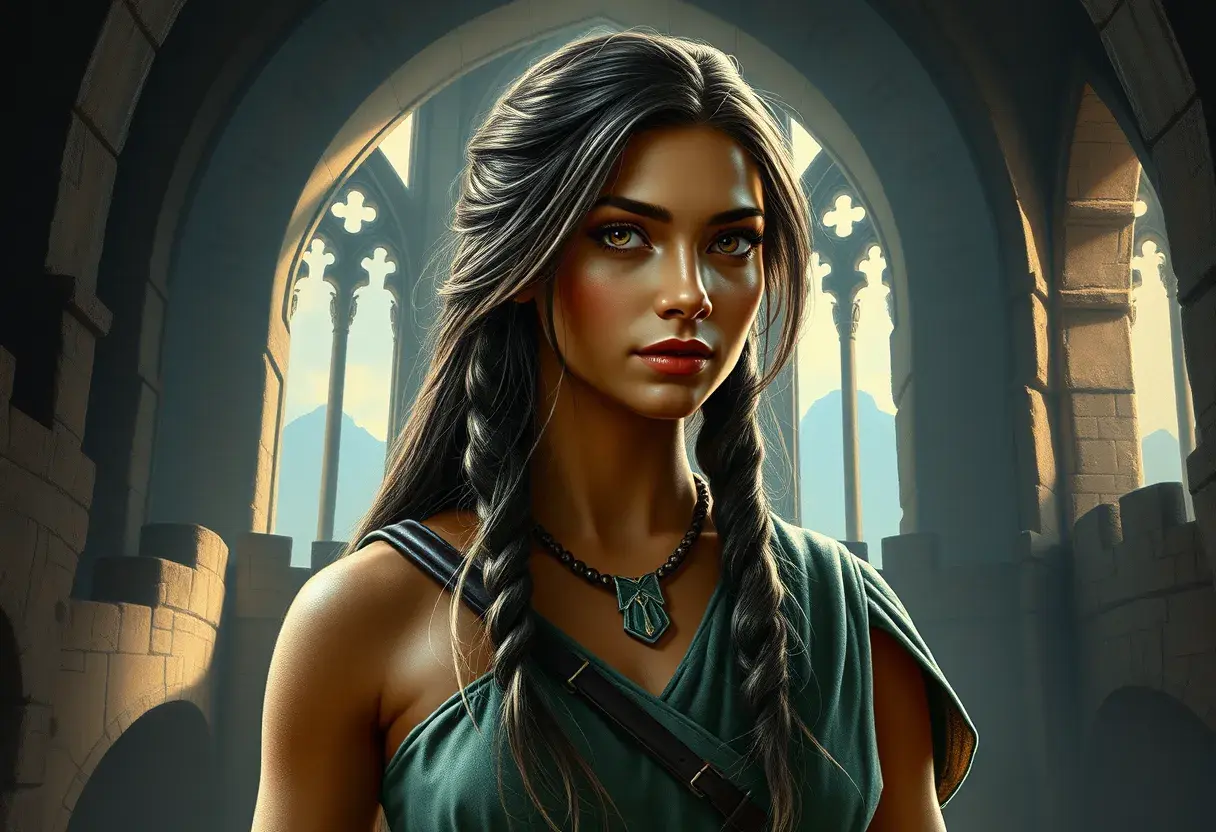 Matte portrait of Pocohontas inside a castle, Ultra Detailed, Half Body, Beautiful, Matte Painting, Sharp Focus, Portrait, Fantasy by Stefan Kostic