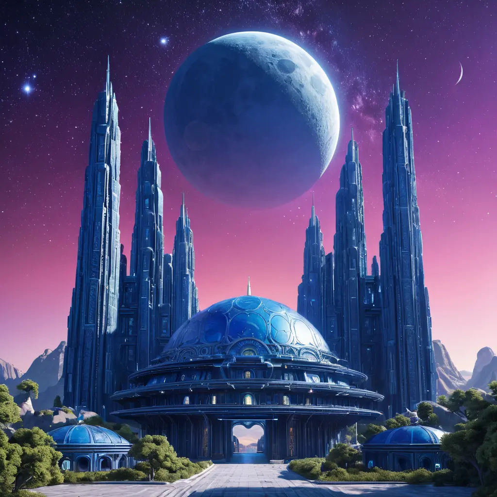 Cosmic round beautiful indigo temple in the center of a futuristic community. Extraterrestrial landscape. Planet sirius. The moon and stars can be seen in the sky even during the day., Sci-Fi, Volumetric Lighting, Vibrant Colors by Greg Rutkowski