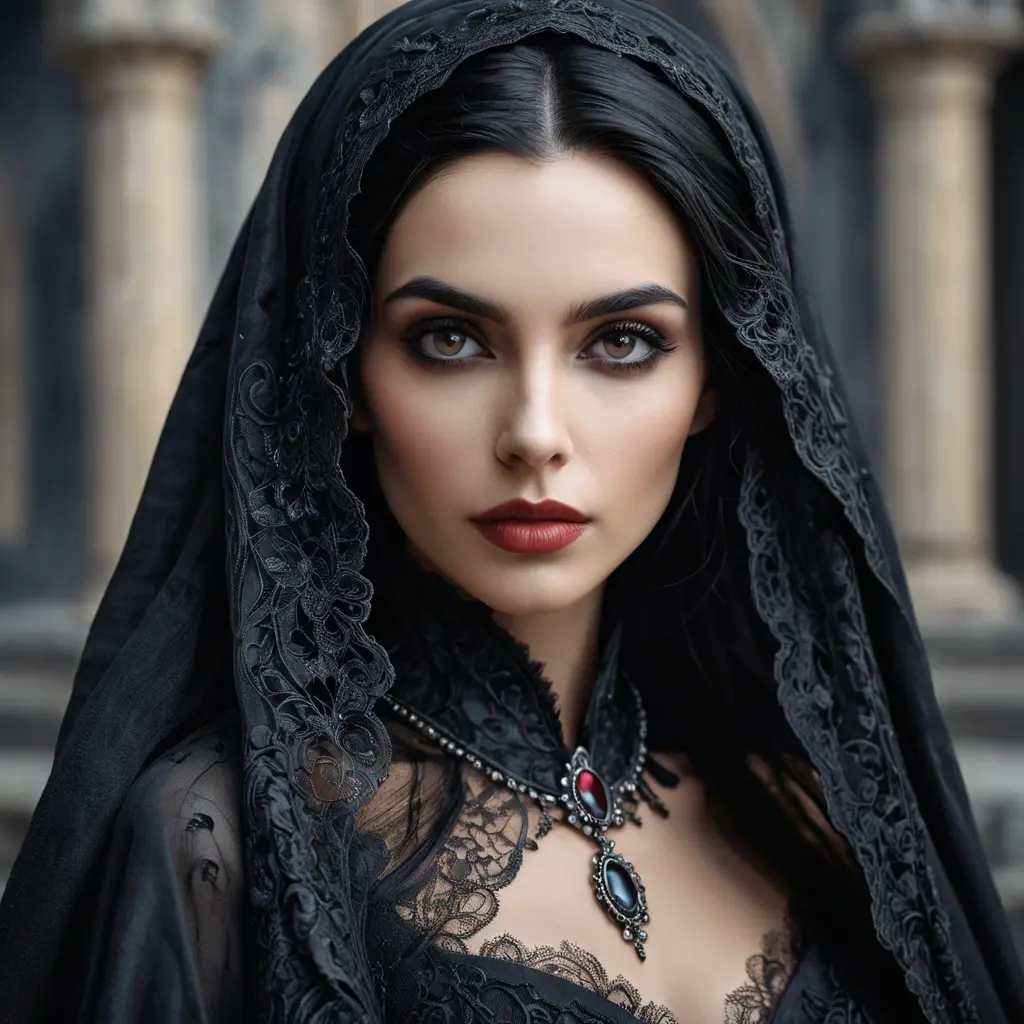 Alluring portrait of a beautiful raven black haired veiled vampire in the style of Stefan Kostic, 8k, High Definition, Highly Detailed, Intricate, Half Body, Realistic, Sharp Focus, Fantasy, Elegant