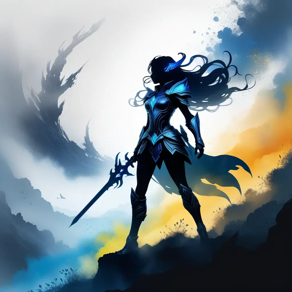 Silhouette of Irelia emerging from the fog of war, ink splash, Highly Detailed, Vibrant Colors, Fantasy, Dark by Stefan Kostic