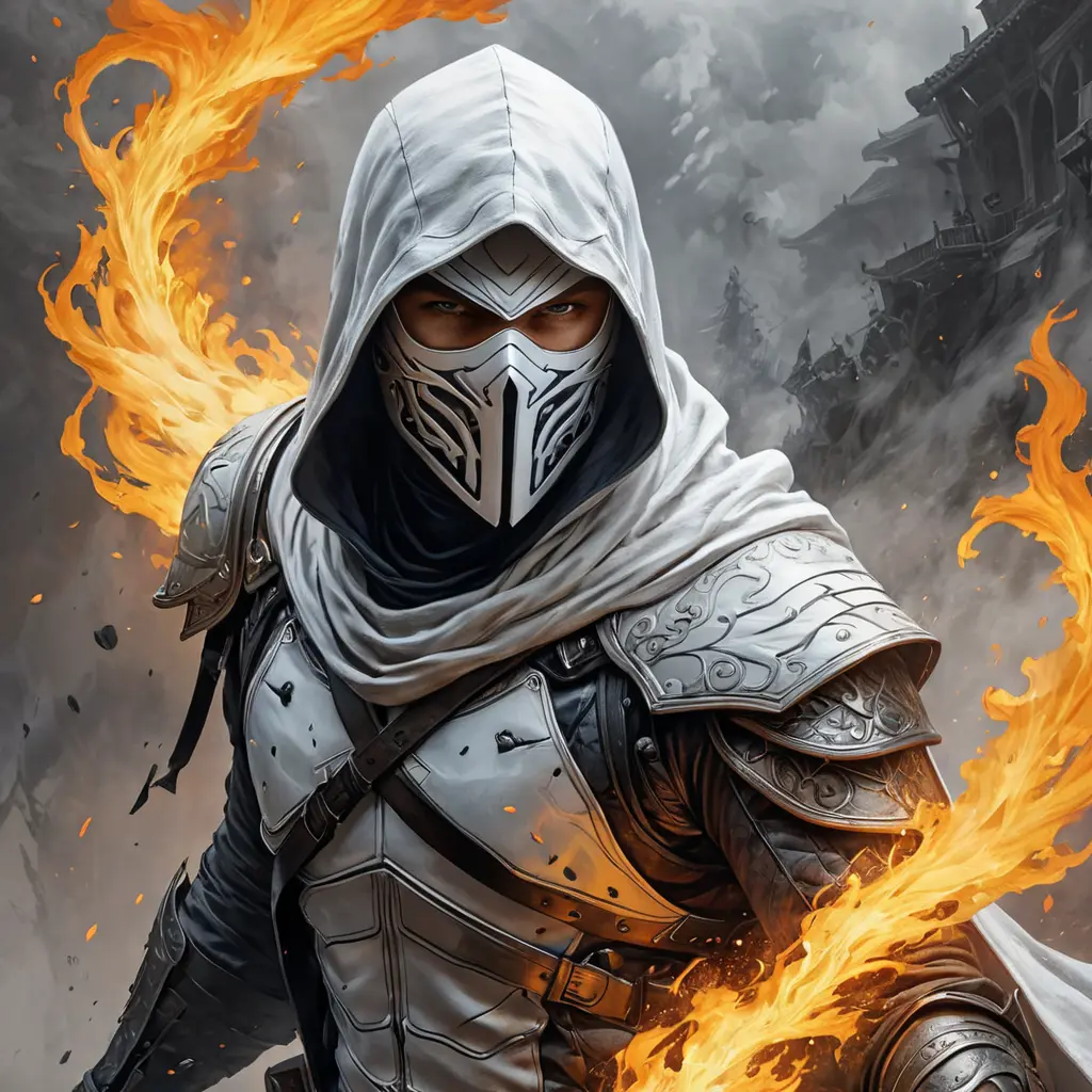 White Assassin emerging from a firey fog of battle, ink splash, Highly Detailed, Vibrant Colors, Ink Art, Fantasy, Dark by Stanley Artgerm Lau