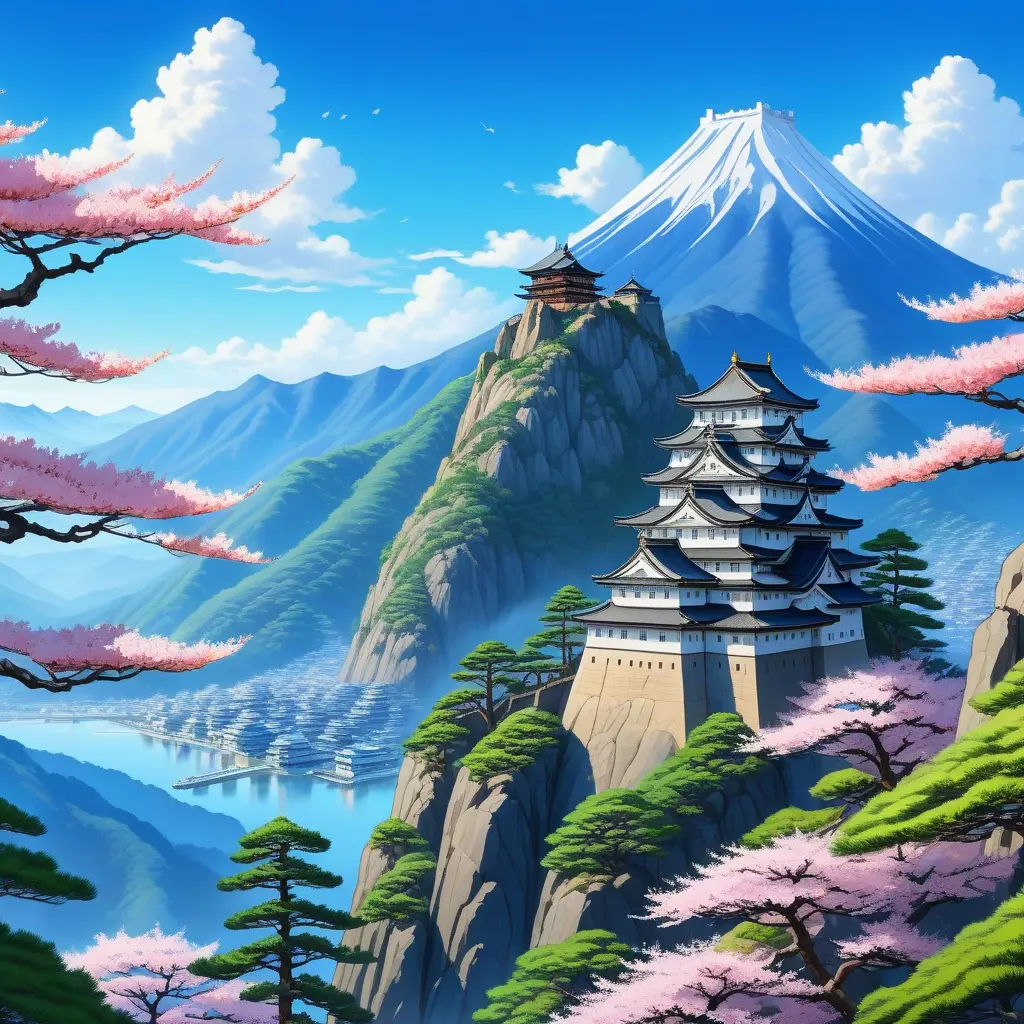 Landscape of a large japanese castle in the tall mountains, with matsu pine trees, with sakura cherry trees, Highly Detailed, Beautiful, Digital Painting, Anime, Fantasy by Studio Ghibli