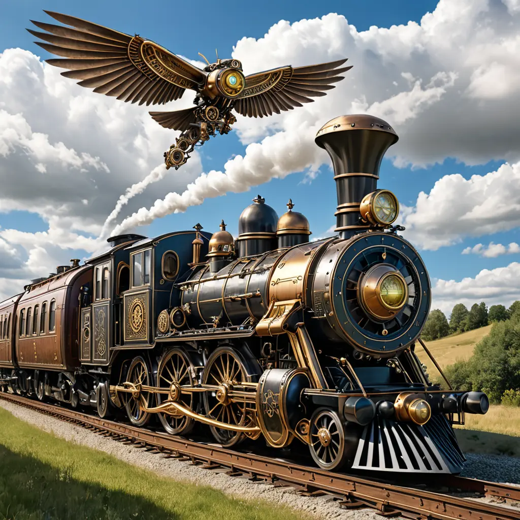 A futuristic hybrid of a steam engine train and a DaVinci flying machine, Steampunk