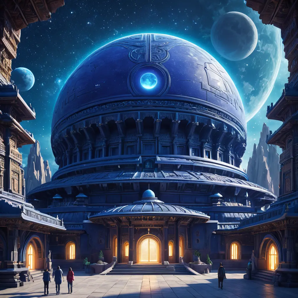 Cosmic round beautiful indigo temple in the center of a futuristic community. Extraterrestrial landscape. Planet sirius. The moon and stars can be seen in the sky even during the day., Sci-Fi, Volumetric Lighting, Vibrant Colors by Greg Rutkowski