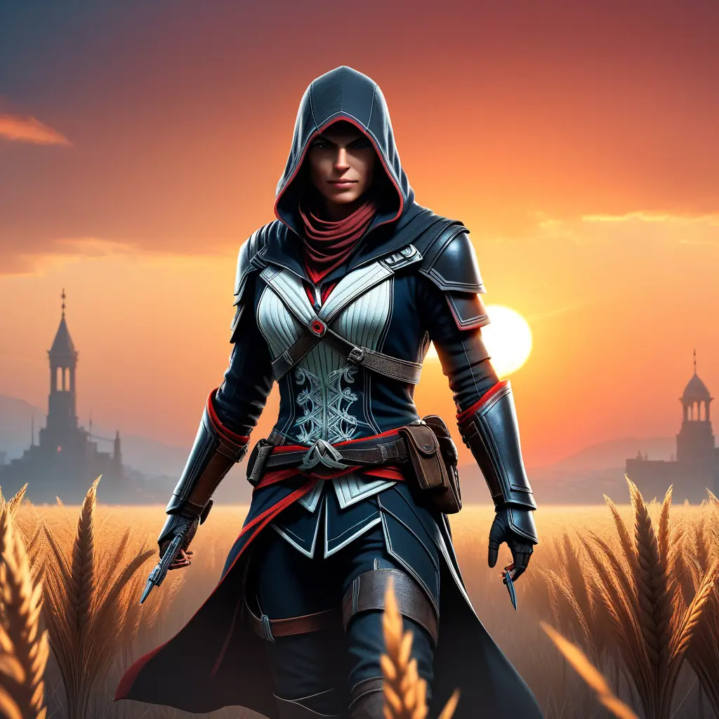 Female assassin creed emerging from a batte field. Sky is colored by a red sun set., Dystopian, Trending on Artstation, Volumetric Lighting by Stefan Kostic