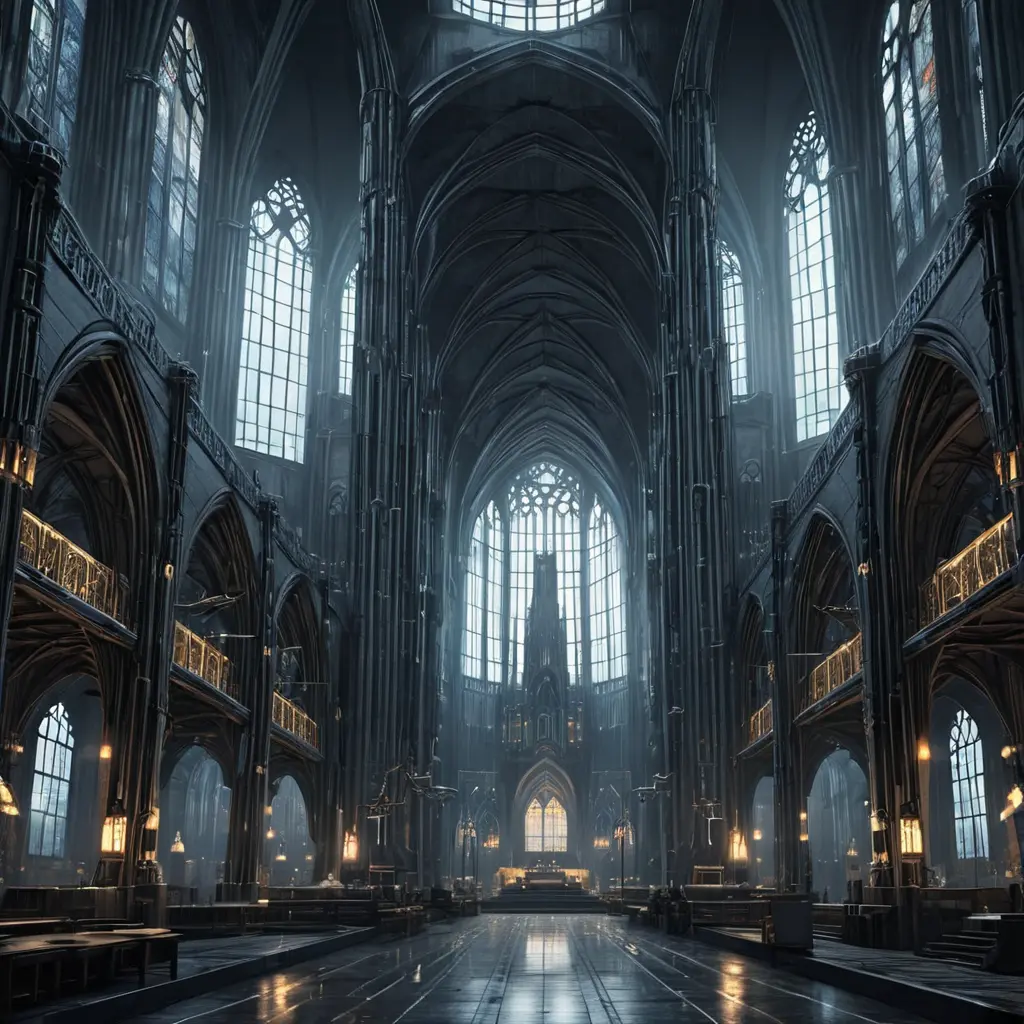 Cyberpunk Cathedral in a dystopian future, Dystopian, Cybernatic and Sci-Fi