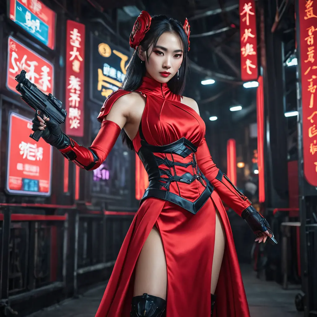 A dangerously armed asian feme fatale in silk red dress at a masquerade ball, Cybernatic and Sci-Fi, Cyberpunk, Sci-Fi