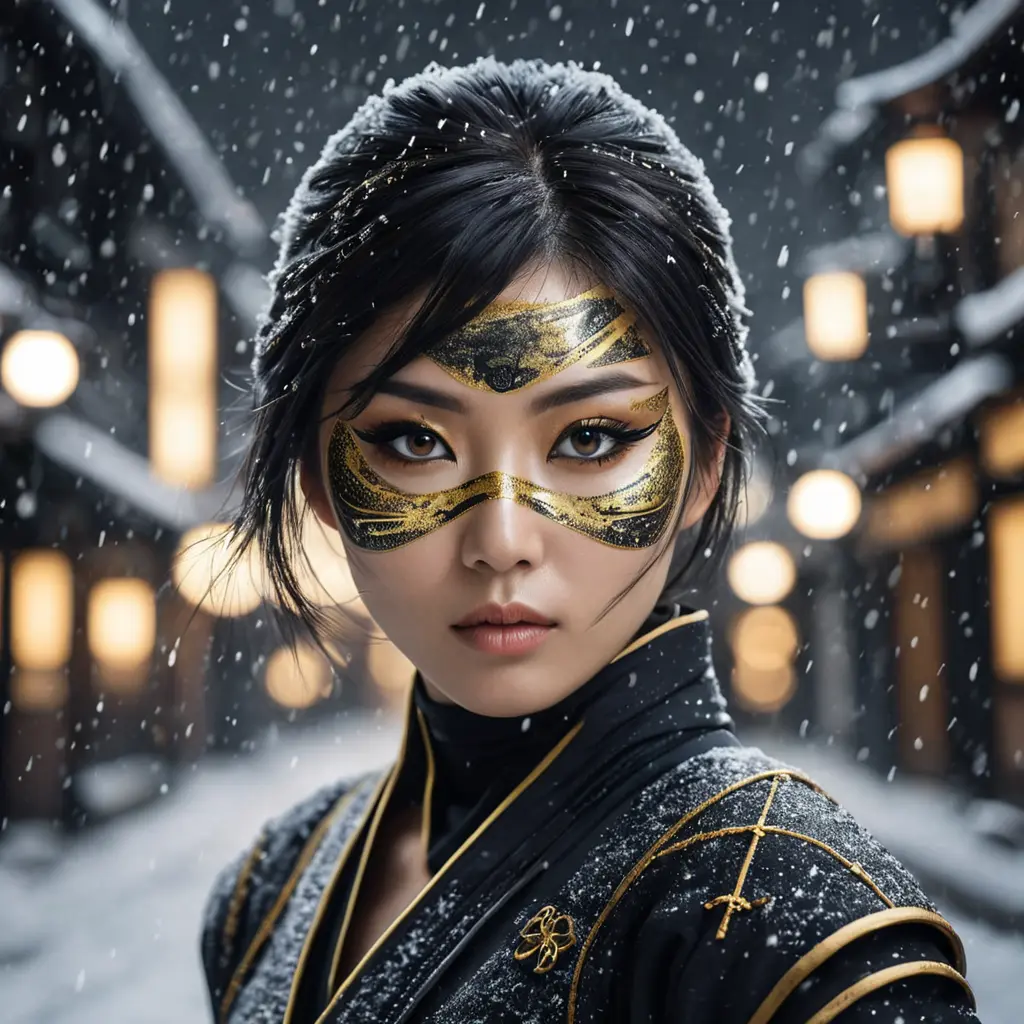 Matte portrait of a mysterious beautiful kunoichi ninja in black and gold wearing eyeliner in the streets of a dark snowy town in tokyo, fluid motion, Intricate, Half Body, Realistic, Sharp Focus, Volumetric Lighting, Elegant by Stefan Kostic