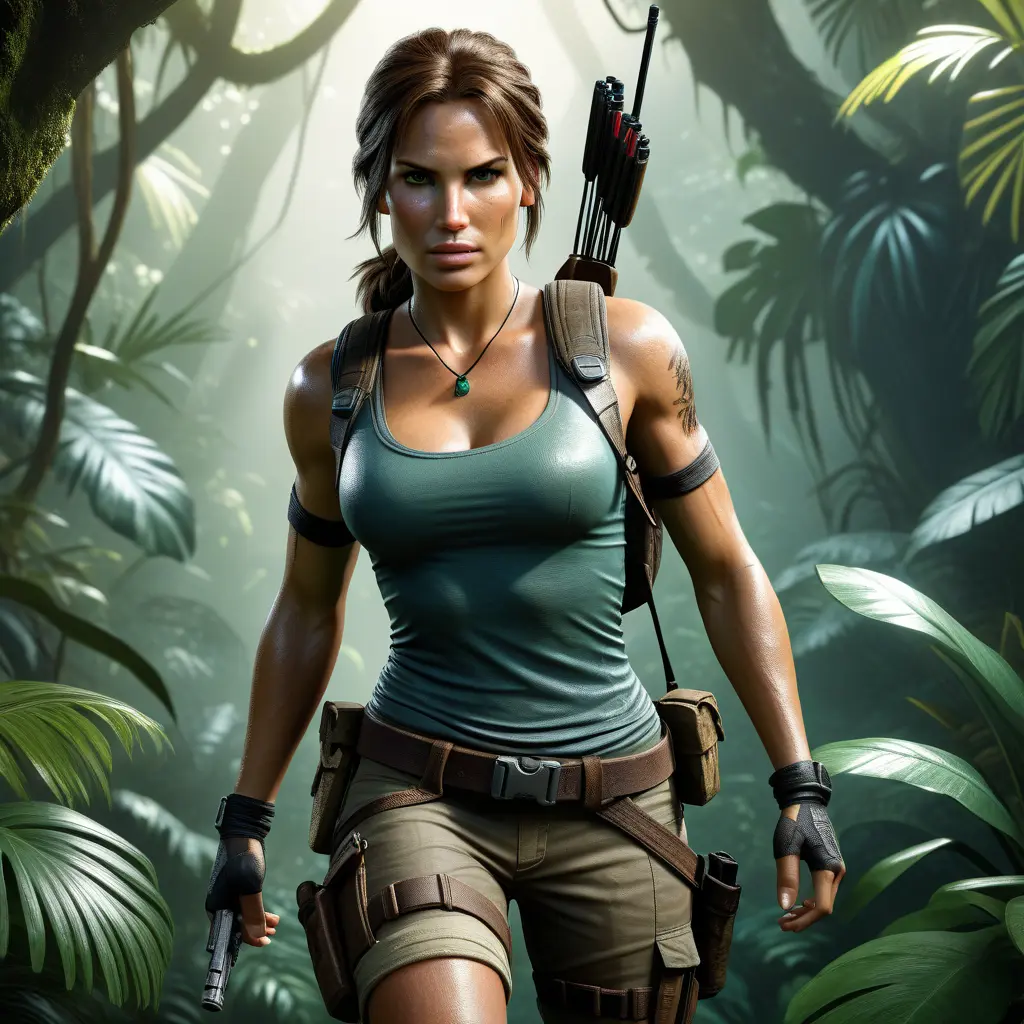 Full body portrait of a beautiful armed Lara Croft emerging from the jungle, Highly Detailed, Intricate, Sharp Focus, Volumetric Lighting, Fantasy, Elegant, Threatening by Greg Rutkowski