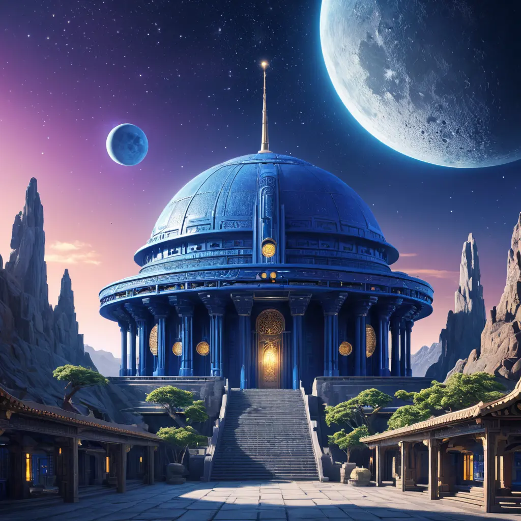 Cosmic round beautiful indigo temple in the center of a futuristic community. Extraterrestrial landscape. Planet sirius. The moon and stars can be seen in the sky even during the day., Sci-Fi, Volumetric Lighting, Vibrant Colors by Greg Rutkowski