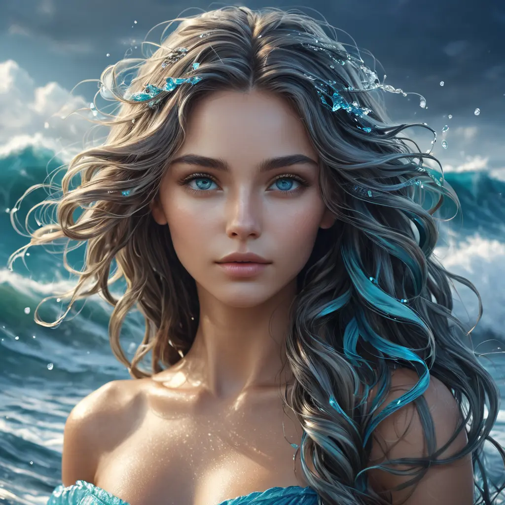 "magical ocean goddess", water, spray, waves, flowing hair, head and shoulders portrait, finely drawn eyes, 8k, Fantasy