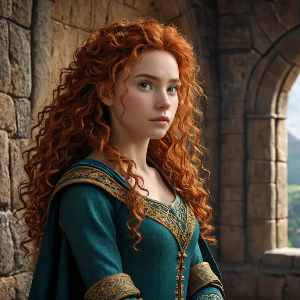 Matte portrait of Disney's Merida of DunBroch inside a castle, Ultra Detailed, Half Body, Beautiful, Matte Painting, Sharp Focus, Portrait, Fantasy by Stefan Kostic