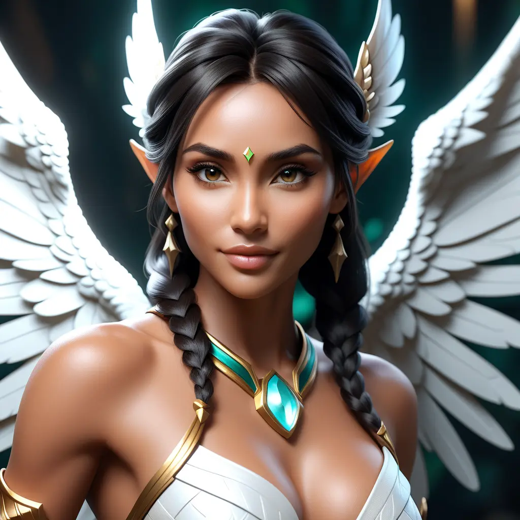 Alluring matte portrait of a beautiful Nidalee with wings, 8k, Highly Detailed, Intricate, Half Body, Realistic, Sharp Focus, Volumetric Lighting, Fantasy, Elegant by Stanley Artgerm Lau, WLOP