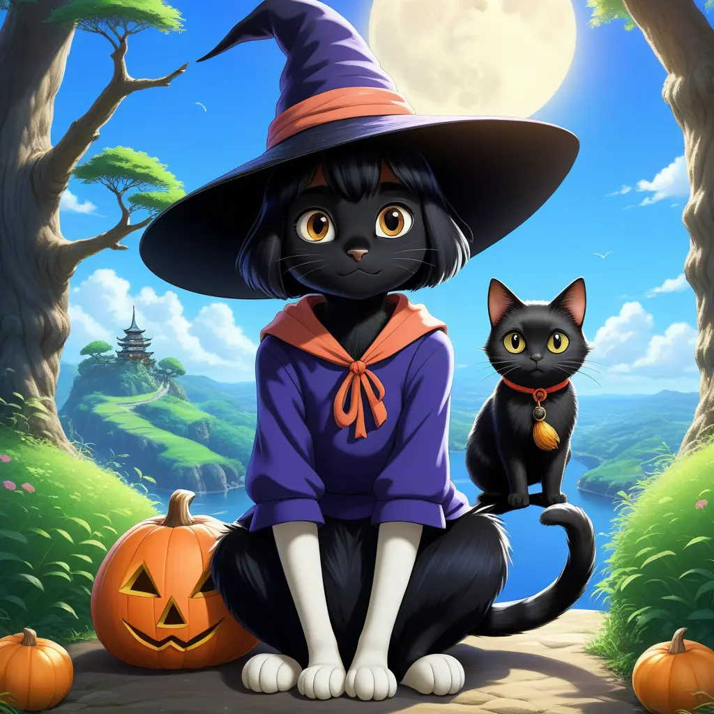 Kiki the witch and Jiji the cat, Highly Detailed, Beautiful, Digital Painting, Anime, Fantasy by Studio Ghibli