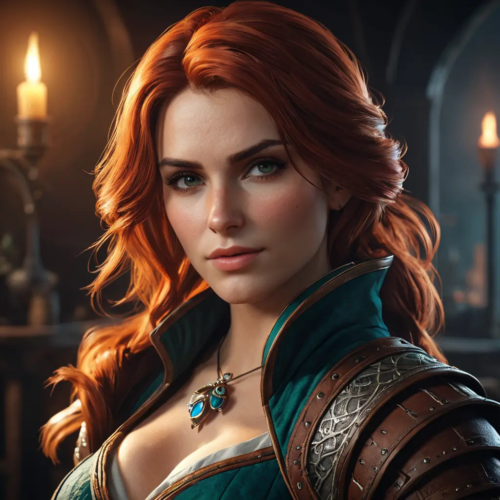 Alluring Triss Merigold as a rouge mage in The Witcher 3 Style, 4k, Highly Detailed, Beautiful, Cinematic Lighting, Sharp Focus, Volumetric Lighting, Closeup Portrait, Concept Art