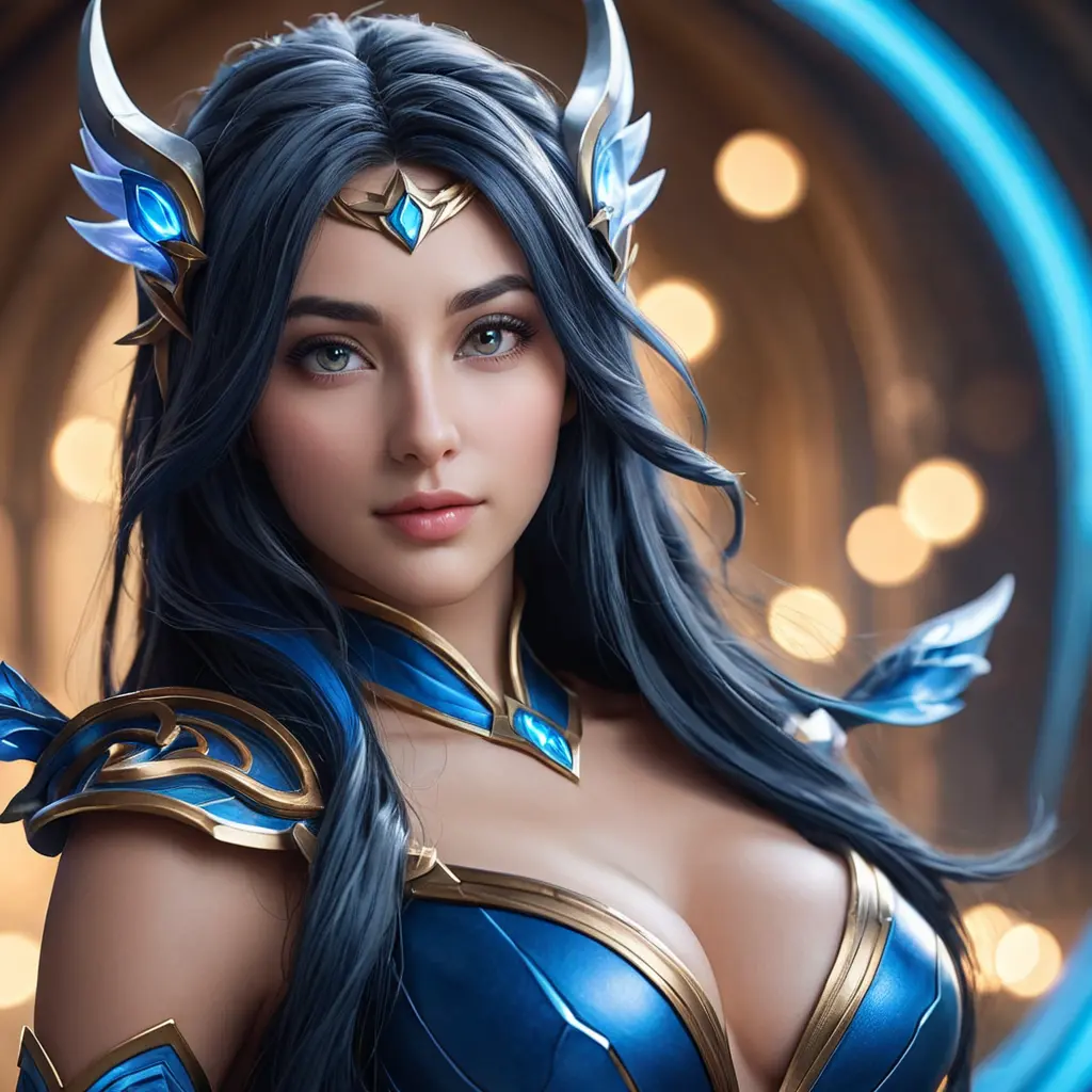 Alluring portrait of a beautiful Irelia from League of Legends in Blue, Highly Detailed, Half Body, Bokeh effect, Photo Realistic, Sharp Focus by Stefan Kostic