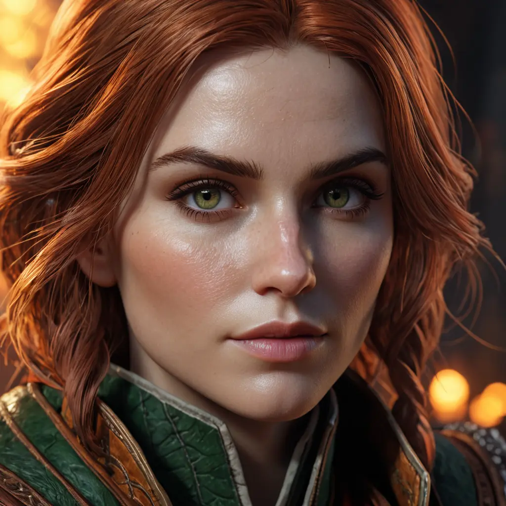 Alluring Triss Merigold as a rouge mage in The Witcher 3 Style, 4k, Highly Detailed, Beautiful, Cinematic Lighting, Sharp Focus, Volumetric Lighting, Closeup Portrait, Concept Art