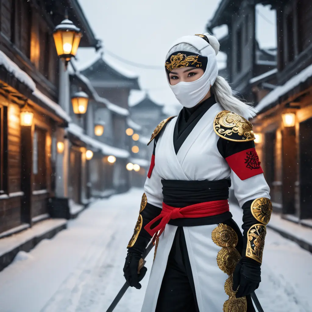 Mysterious beautiful white kunoichi ninja wearing black, red and gold in the streets of a dark snowy town in russia, Intricate Details, Bokeh effect, Photo Realistic, Volumetric Lighting by Stefan Kostic