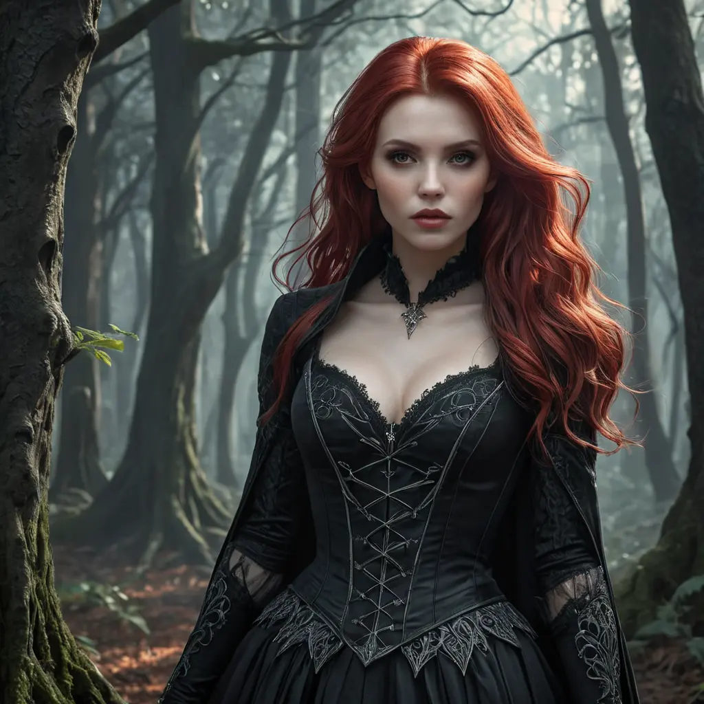 Red haired vampire in a haunted forest, Highly Detailed, Intricate, Gothic, Volumetric Lighting, Fantasy, Dark by Stanley Artgerm Lau