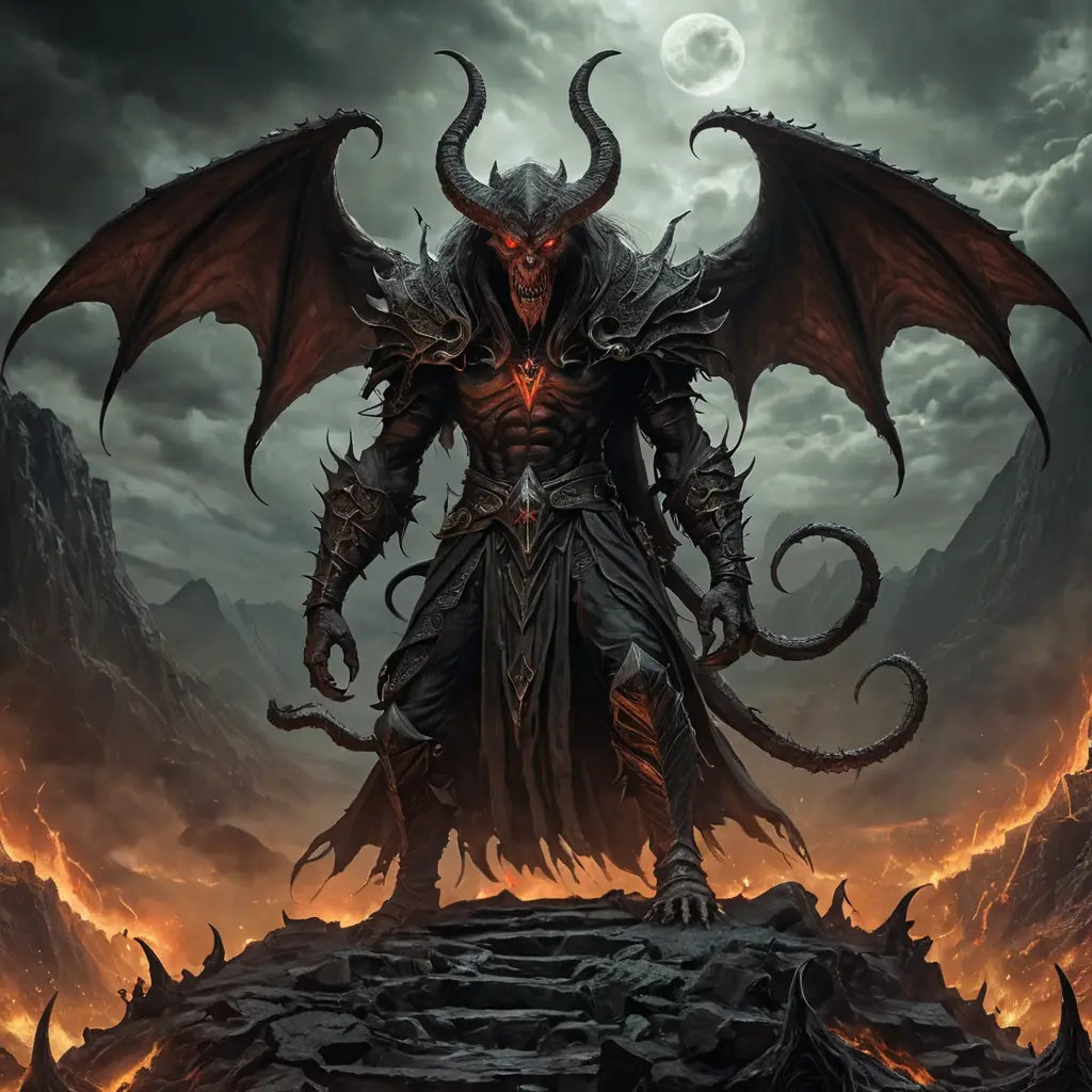 The devil in an Elden ring hellscape, Eldritch, Fantasy, Apocalyptic, Doom, Dreadful, Forbidding, Frightful, Harrowing, Ominous, Shocking, Terrifying, Threatening, Unnerving