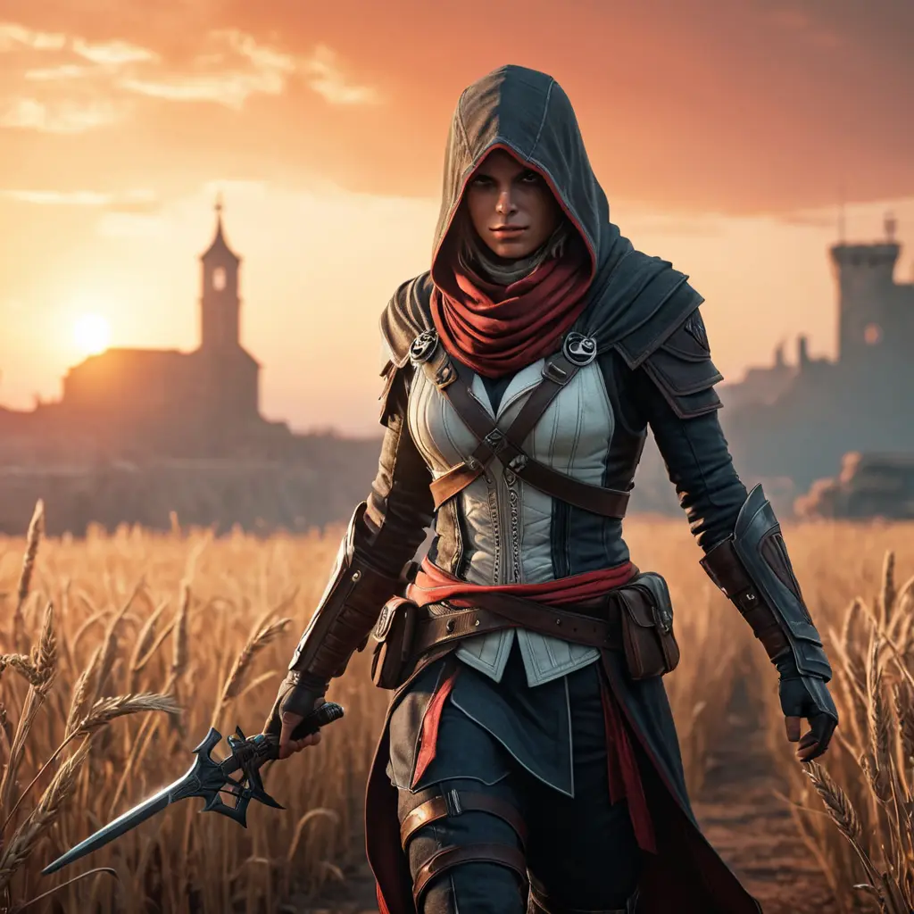 Female assassin creed emerging from a batte field. Sky is colored by a red sun set., Dystopian, Trending on Artstation, Volumetric Lighting by Stefan Kostic