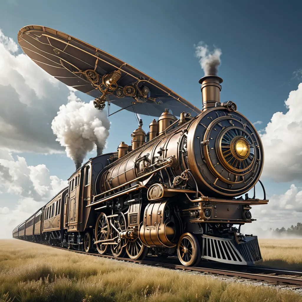 A futuristic hybrid of a steam engine train and a DaVinci flying machine, Steampunk