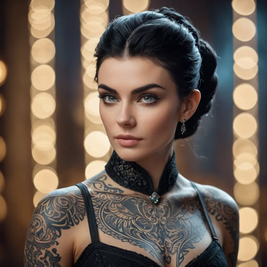 Matte portrait of Morgana with tattoos, Highly Detailed, Alluring, Bokeh effect, Sharp Focus, Volumetric Lighting