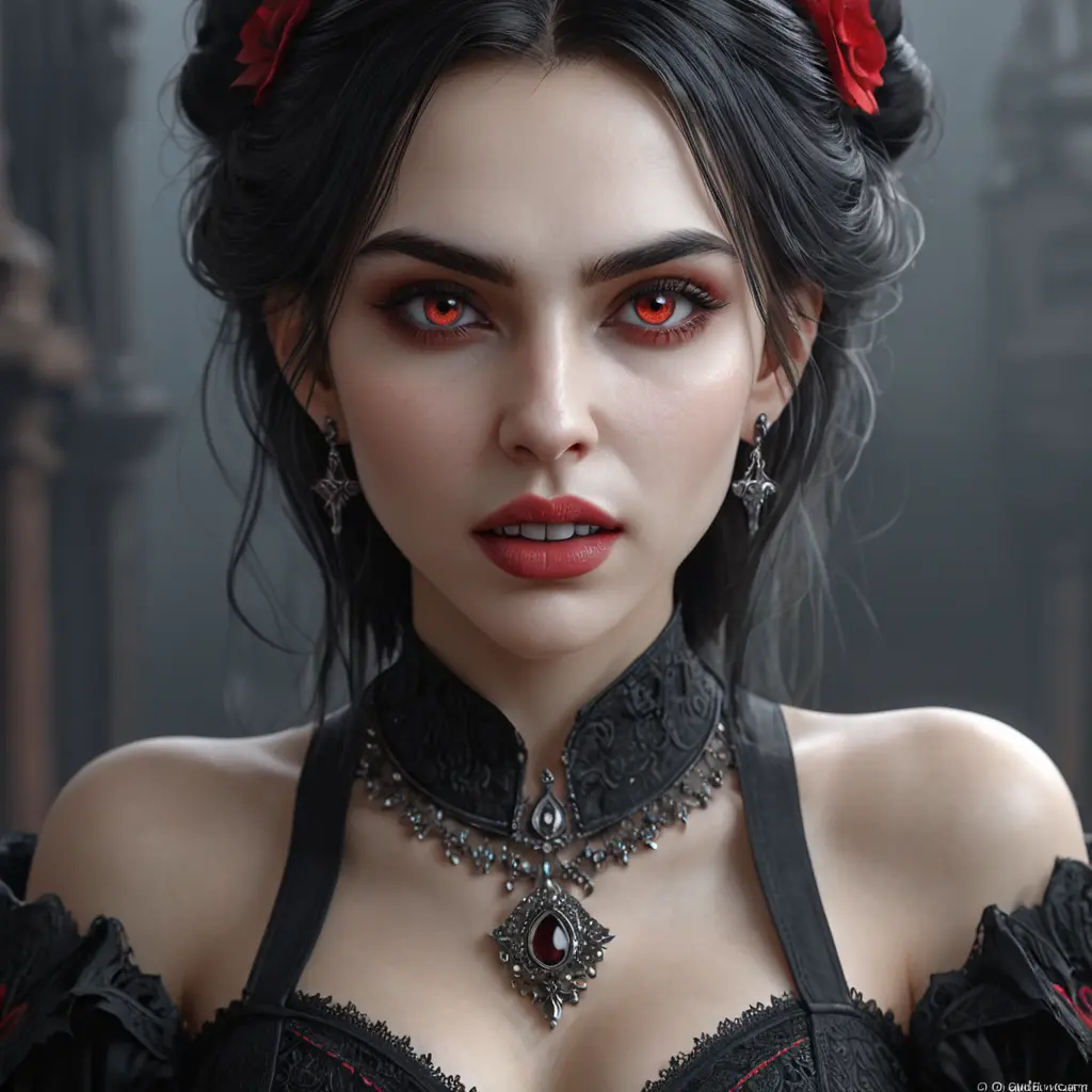 A beautiful romanian vampire woman with penetrating red bright eyes, long fangs, perfect face, 8k, Hyper Detailed, Intricate Details, Masterpiece, Contemporary, Full Body, Trending on Artstation, Gothic, Deviantart, Concept Art by WLOP