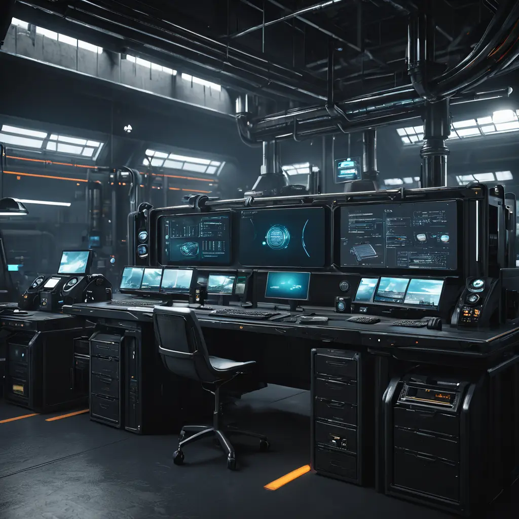 A dark industrial desk from the future with many monitors, Photo Realistic, Volumetric light effect, Octane Render, Unreal Engine, Ambient Occlusion, Maximalism, Industrial by Beeple