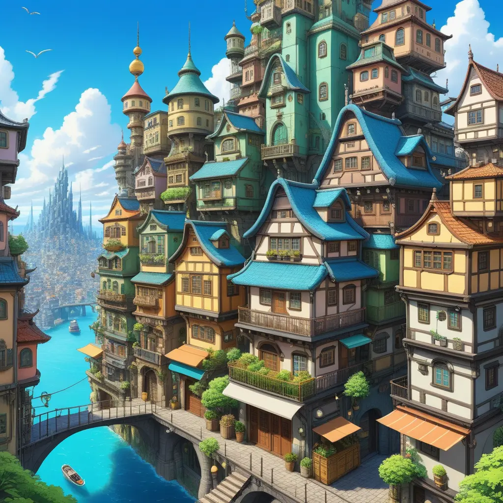 Buildings and homes of a maximalism fantasy city, Highly Detailed, Beautiful, Digital Painting, Anime, Fantasy by Studio Ghibli