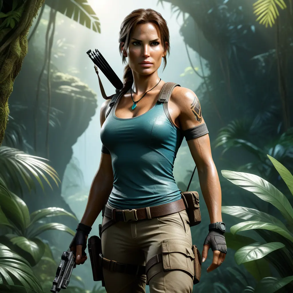 Full body portrait of a beautiful armed Lara Croft emerging from the jungle, Highly Detailed, Intricate, Sharp Focus, Volumetric Lighting, Fantasy, Elegant, Threatening by Greg Rutkowski