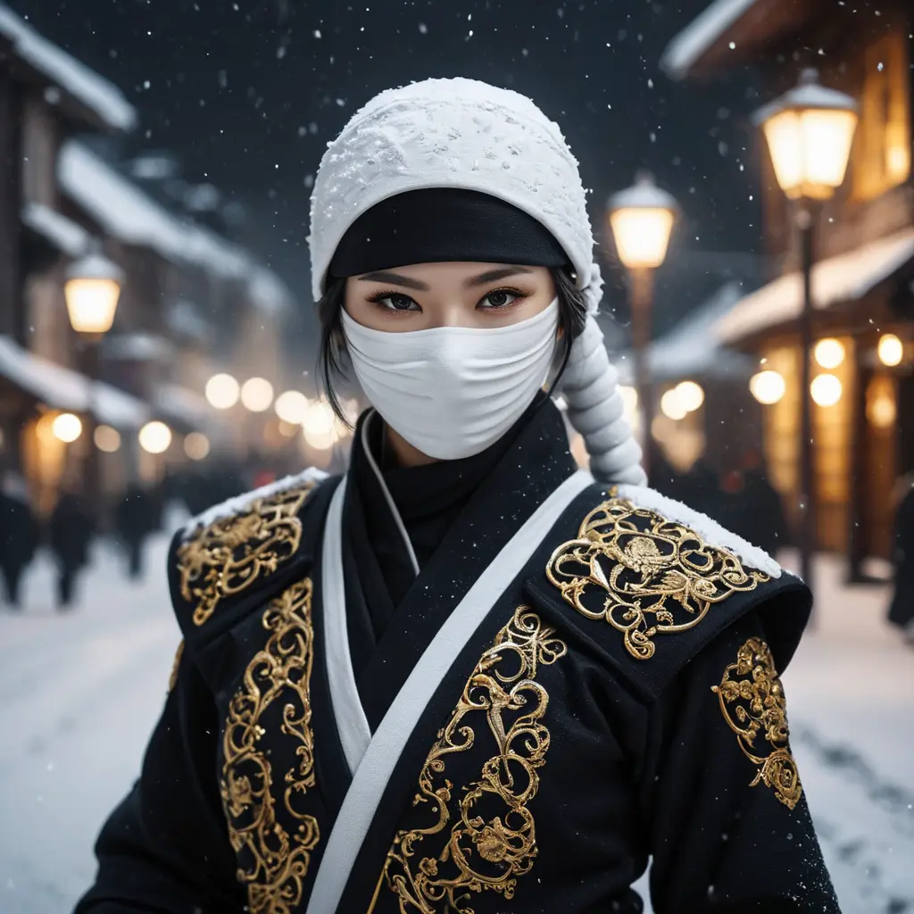 Mysterious beautiful white kunoichi ninja wearing black, red and gold in the streets of a dark snowy town in russia, Intricate Details, Bokeh effect, Photo Realistic, Volumetric Lighting by Stefan Kostic