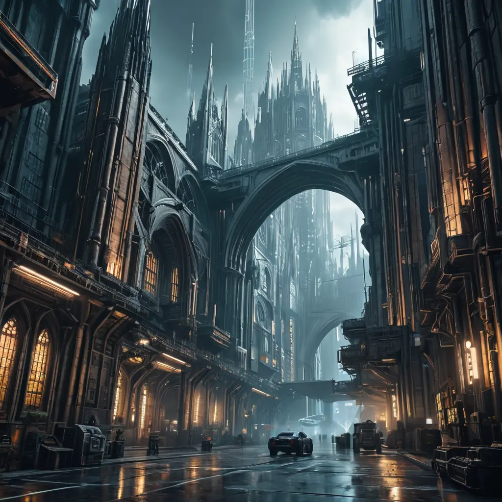 Cyberpunk Cathedral in a dystopian future, Dystopian, Cybernatic and Sci-Fi