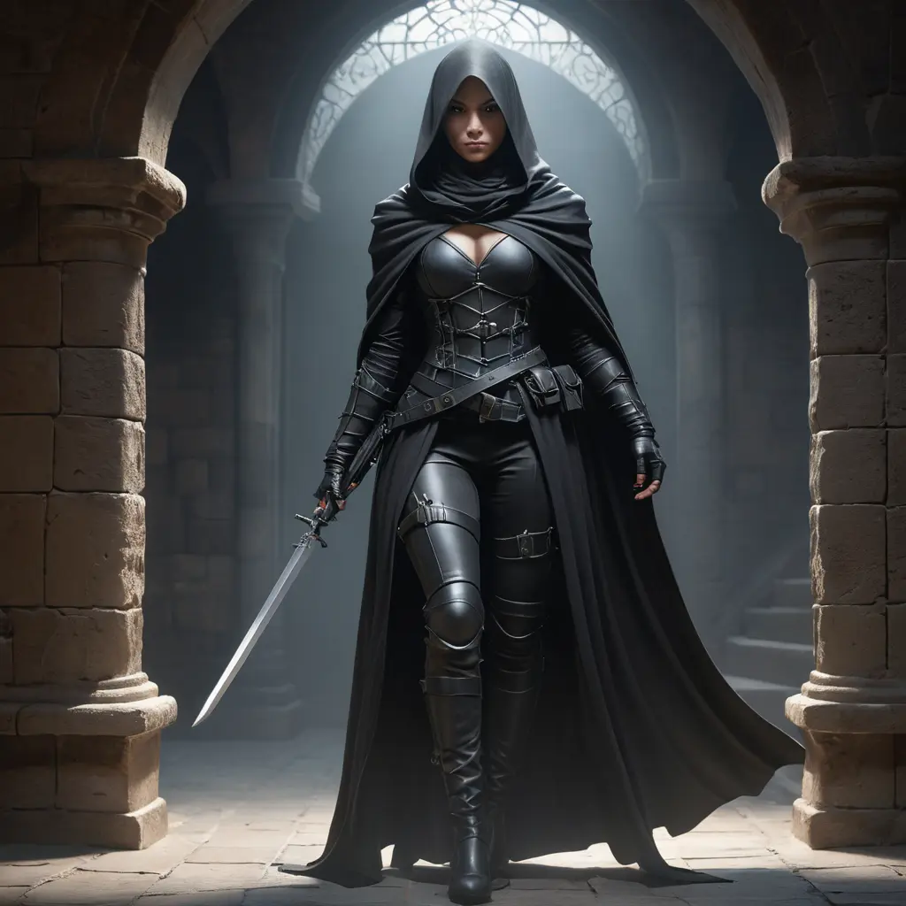 Full body matte portrait of a beautiful veiled armed female Assassin in a dungeon, Gothic and Fantasy, Volumetric Lighting, Fantasy, Threatening by Stanley Artgerm Lau