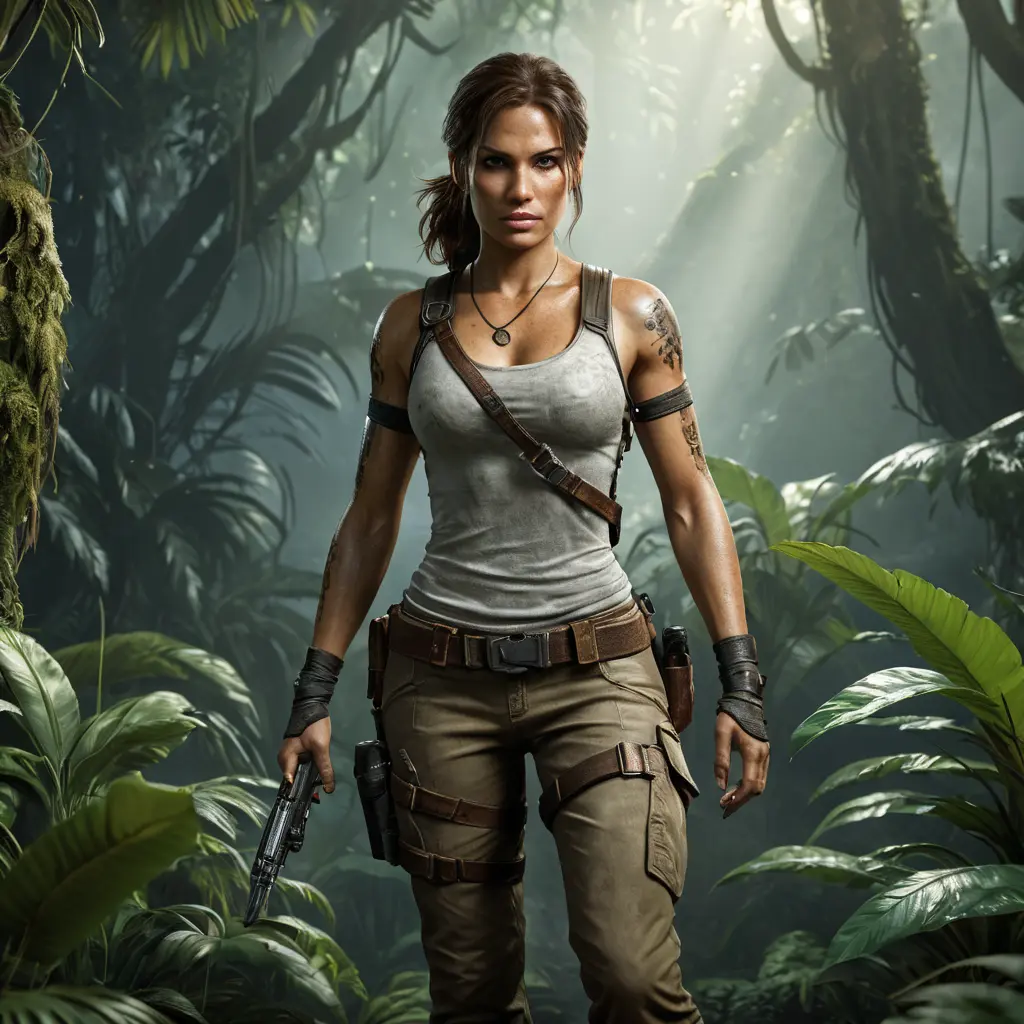 Full body portrait of a beautiful armed Lara Croft emerging from the jungle, Highly Detailed, Intricate, Sharp Focus, Volumetric Lighting, Fantasy, Elegant, Threatening by Greg Rutkowski