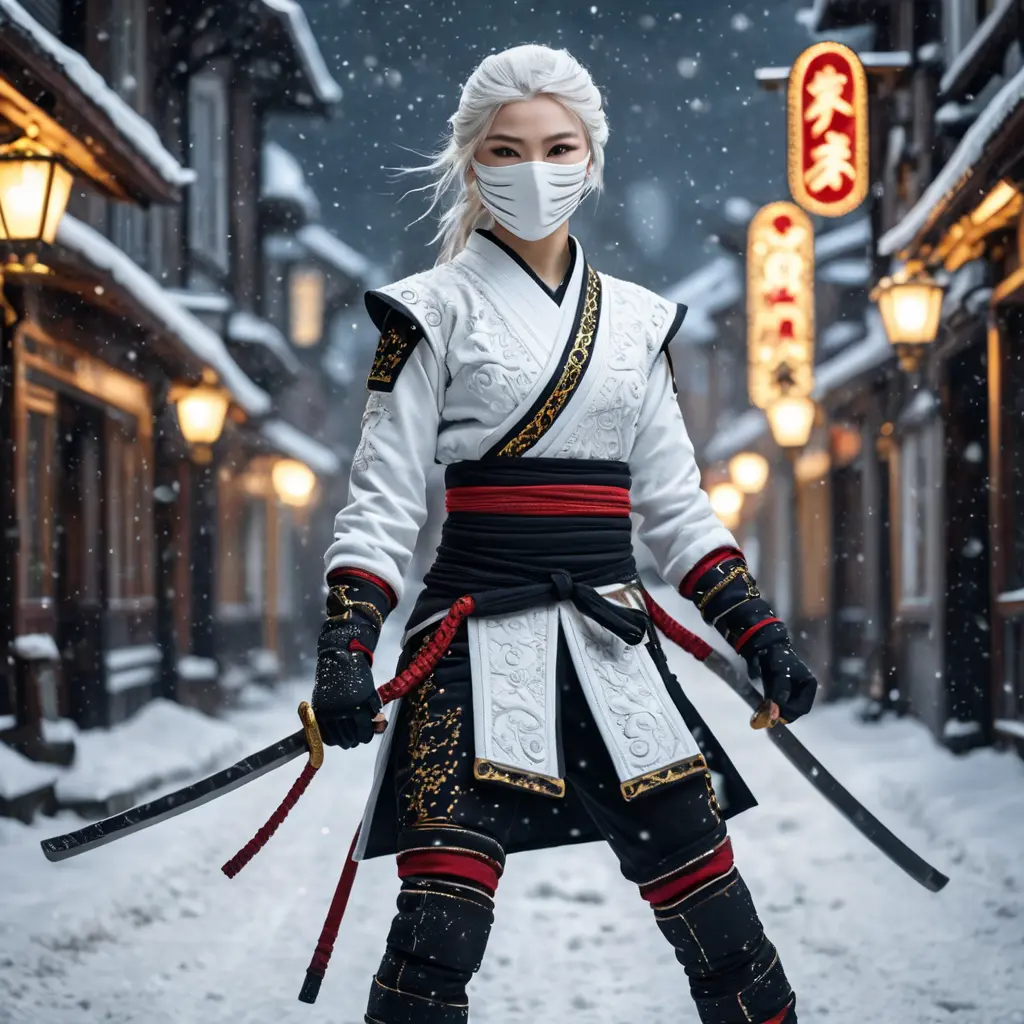 Mysterious beautiful white kunoichi ninja wearing black, red and gold in the streets of a dark snowy town in russia, Intricate Details, Bokeh effect, Photo Realistic, Volumetric Lighting by Stefan Kostic